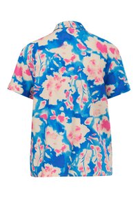 Camicia a maniche corte in tessuto leggero, con un motivo floreale nelle tonalità di blu, rosa e crema; vestibilità rilassata e design del colletto classico.