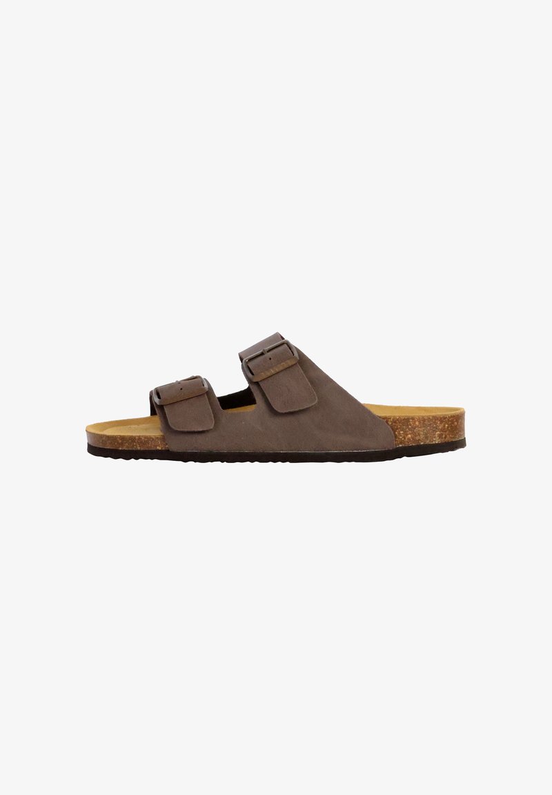 Brune ruskinds slidesandaler med to justerbare spænder, en korkfodbed og en tekstureret sort gummisål.