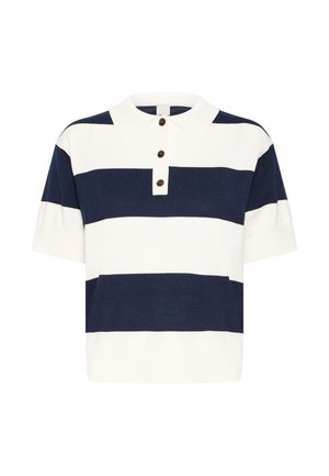 Kokvilnas polo krekls ar tum ši zilu un baltu horizontālu svītru rakstu, īsām piedurknēm, pogu aizdari un klasisku apkakles dizainu.