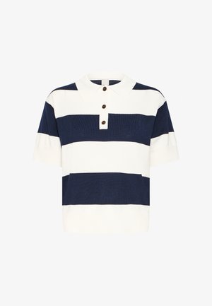 Baumwoll-Poloshirt mit marineblauen und weißen horizontalen Streifen, kurzen Ärmeln, Knopfleiste und klassischem Kragen.