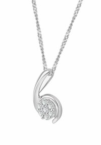 Hõbedast ripatsiga kaelakee, millel keerlev muster ja kaunistatud koos säravate läbipaistvate kividega klastrina, ketiga.