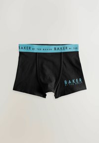 Crni bokserice s tirkiznim elastičnim pojasom. "BAKER BY TED BAKER" otisnuto s lijeve strane u plavoj boji. Mekani materijal, prilagođen dizajn.