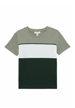 T-shirt med korte ærmer i olivengrøn, hvid og mørkegrønne vandrette farveblokke. Lavet af bomuld med rund hals.
