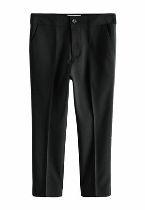 Zwarte slim-fit broek met knoop- en ritssluiting aan de voorkant, twee zijzakken en getailleerde pijpen.