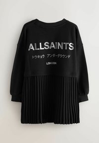 Juoda džemperis su plisuota apatine dalimi, su sidabriniu užrašu "ALLSAINTS" ir papildomais simboliais. Raštuoti rankogaliai ir apvalus iškirpimas.