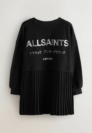 Felpa nera con una sezione inferiore plissettata, con testo argento "ALLSAINTS" e caratteri aggiuntivi. Maniche a costine e scollatura tonda.