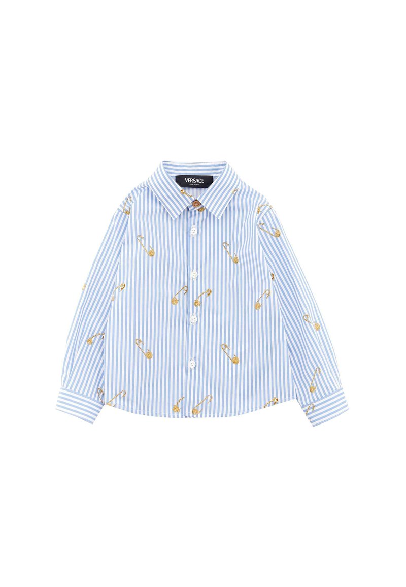 Koszula z guzikami w niebiesko-białe paski, z wzorem w złote agrafki. Wykonana z lekkiego materiału, z klasycznym kołnierzykiem i długimi rękawami.