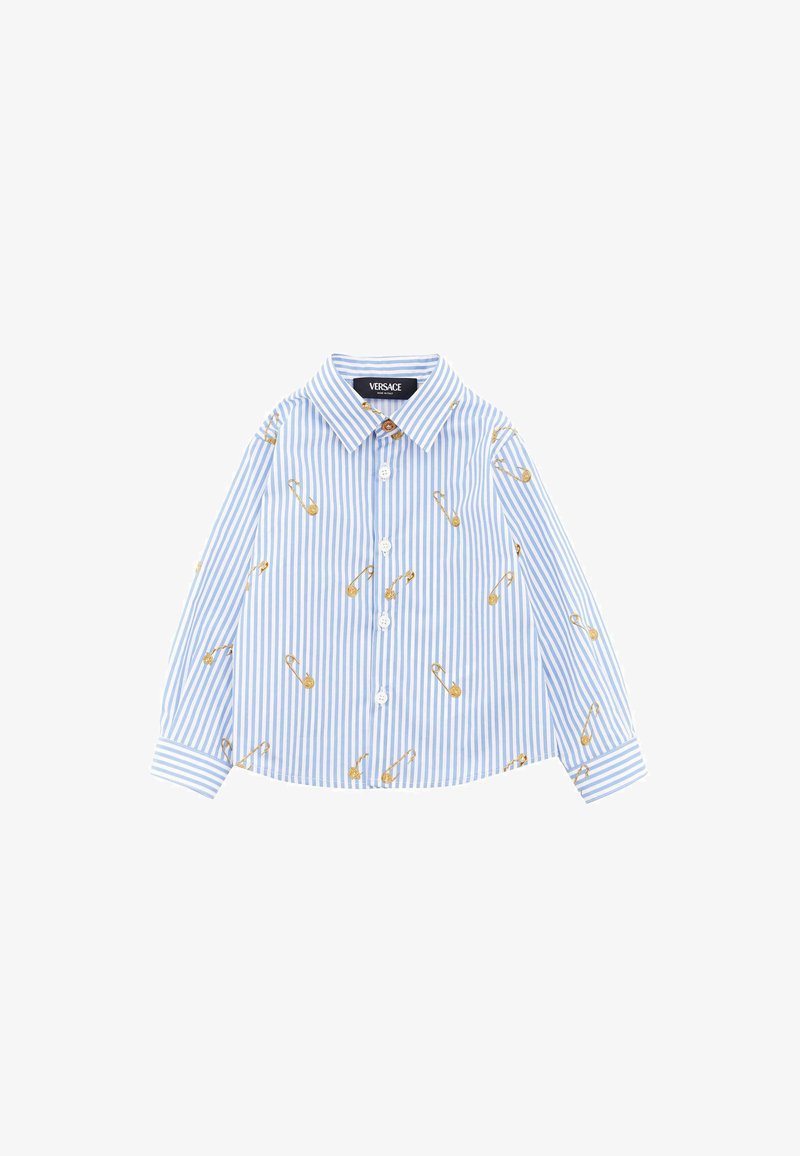 Koszula z guzikami w niebiesko-białe paski, z wzorem w złote agrafki. Wykonana z lekkiego materiału, z klasycznym kołnierzykiem i długimi rękawami.