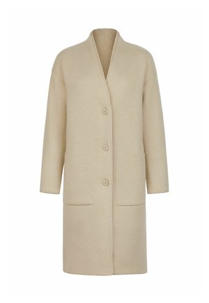 Beige Wollmischungmantel mit Schalkragen, drei Knöpfen, Seitentaschen und gerader Schnitt; weiche Textur und minimalistisches Design.