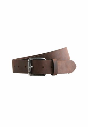 Brown leather belt with a textured surface, featuring a silver metal buckle and holes for adjustment. Soft finish, tapered end.