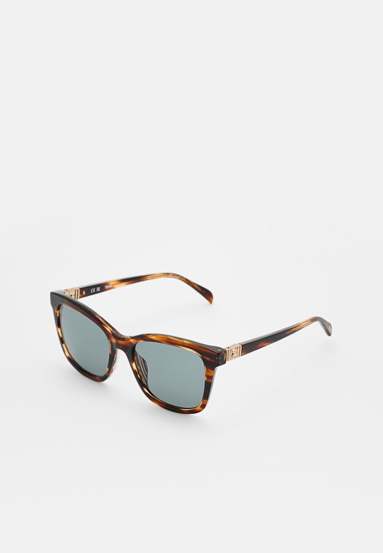 Square tortoiseshell sunglasses with dark lenses and gold detailing on the temples, angled on a white background.