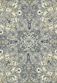 Tkanina z misternymi wzorami paisley w granatowym i zielonym kolorze na kremowym tle, z detalicznymi akcentami kwiatowymi i krętymi liniami.
