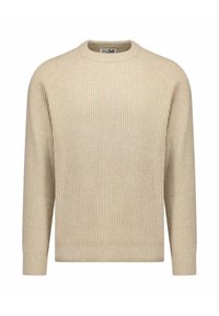 Maglione beige a coste con scollo rotondo, maniche raglan lunghe e motivo lavorato a maglia testurizzato. Presenta un orlo dritto e dettagli minimalisti.