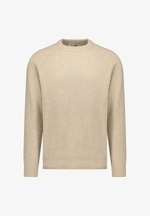 Pull beige côtelé à col rond, manches longues raglan et motif en maille texturée. Il présente un ourlet droit et un design minimaliste.