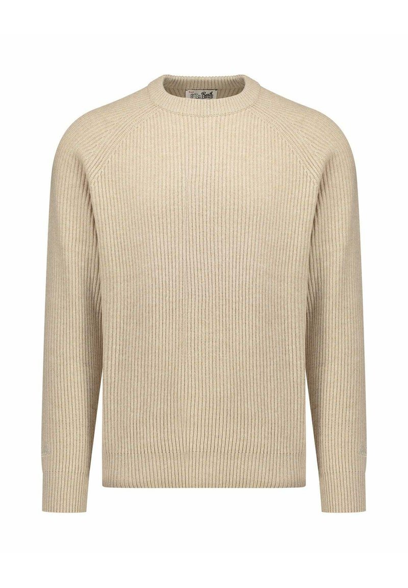 Maglione beige a coste con scollo rotondo, maniche raglan lunghe e motivo lavorato a maglia testurizzato. Presenta un orlo dritto e dettagli minimalisti.