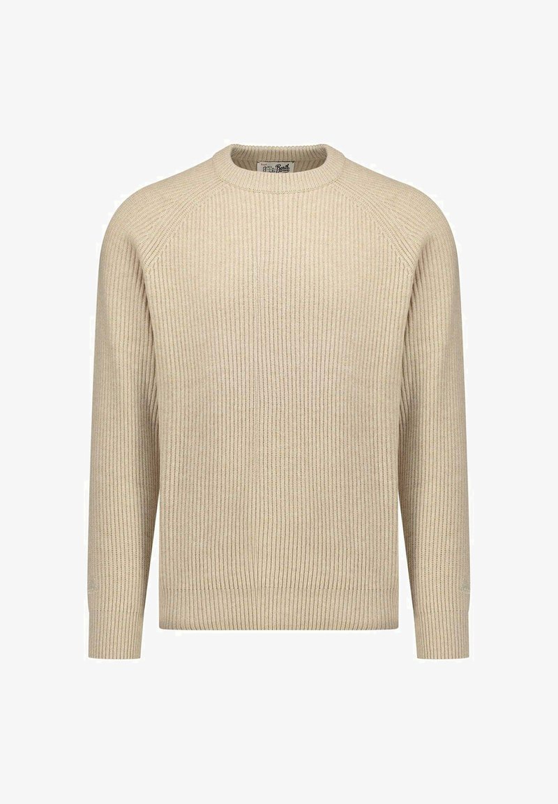Maglione beige a coste con scollo rotondo, maniche raglan lunghe e motivo lavorato a maglia testurizzato. Presenta un orlo dritto e dettagli minimalisti.