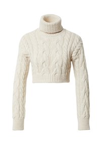 Krémově zbarvený zkrácený rolákový svetr s propracovaným copánkovým vzorem, žebrovaným límcem a dlouhými rukávy pro větší teplo.