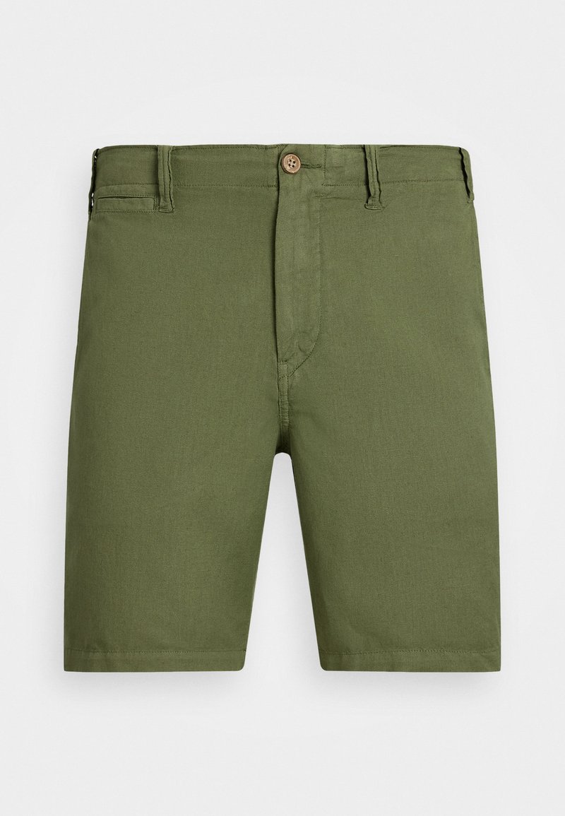 Olivgrønne shorts lavet af letvægtsstof, med knaplukning, bæltestropper og et rent, lige snit ved knæ længde.