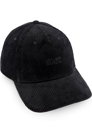 Casquette de baseball noire en velours côtelé avec une visière courbée, construction à six panneaux, œillets de ventilation et logo embossé "ALLSAINTS" discret à l’avant.