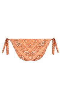 Bikini inferior naranja con estampado de paisley blanco, que presenta lazos laterales para un ajuste ajustable y un tejido suave al tacto.