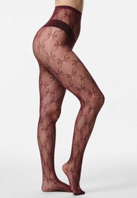 Vinrøde netstrømpebukser med blomsterprint, høj talje og gennemsigtig tekstur, der fremhæver det indviklede design i hele stoffet.