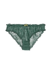 Zielone koronkowe majtki z falbankami, ozdobione małą żółtą kokardką z przodu, o miękkiej, półprzezroczystej fakturze.