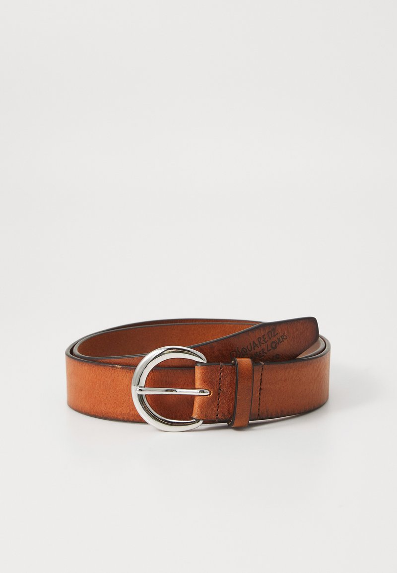 Brown leather belt with a glossy finish, featuring a silver circular buckle and a smooth texture. The belt has visible stitching details.