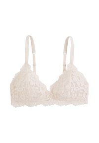 Brassière en dentelle d'un doux rose pâle avec des motifs floraux, des bretelles réglables et des bords festonnés pour un design délicat.