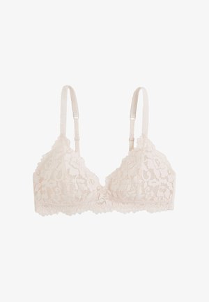 Brassière en dentelle d'un doux rose pâle avec des motifs floraux, des bretelles réglables et des bords festonnés pour un design délicat.