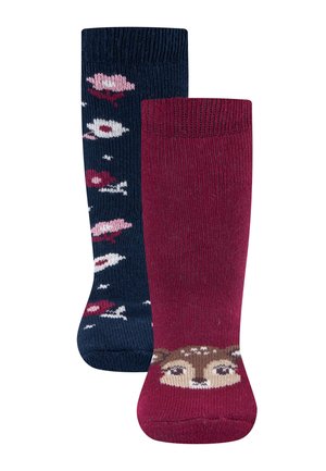 Two children's socks: one maroon with a deer face near the toe, the other navy with pink and white floral patterns.