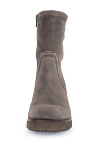 Gray suede ankle boot with a modest heel, rounded toe, contrasting stitching, and a side zipper for easy wear.
