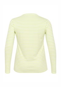 Top à manches longues à rayures vert clair et blanches, présentant un col rond et un design ajusté avec une texture lisse.