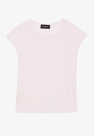 T-shirt rose clair à manches courtes, décolleté rond et détails froncés sur les côtés. Fabriqué en tissu doux et léger.