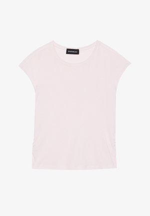 Lichtroze T-shirt met korte mouwen, ronde halslijn en gerimpelde zijdetails. Gemaakt van zachte, lichte stof.