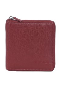 Portafoglio in pelle borgogna con superficie texturizzata, forma rettangolare, chiusura con zip nella parte superiore e logo del marchio impresso sul davanti.