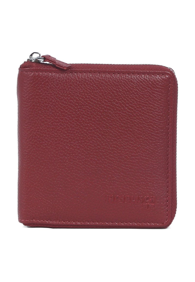 Portafoglio in pelle borgogna con superficie texturizzata, forma rettangolare, chiusura con zip nella parte superiore e logo del marchio impresso sul davanti.