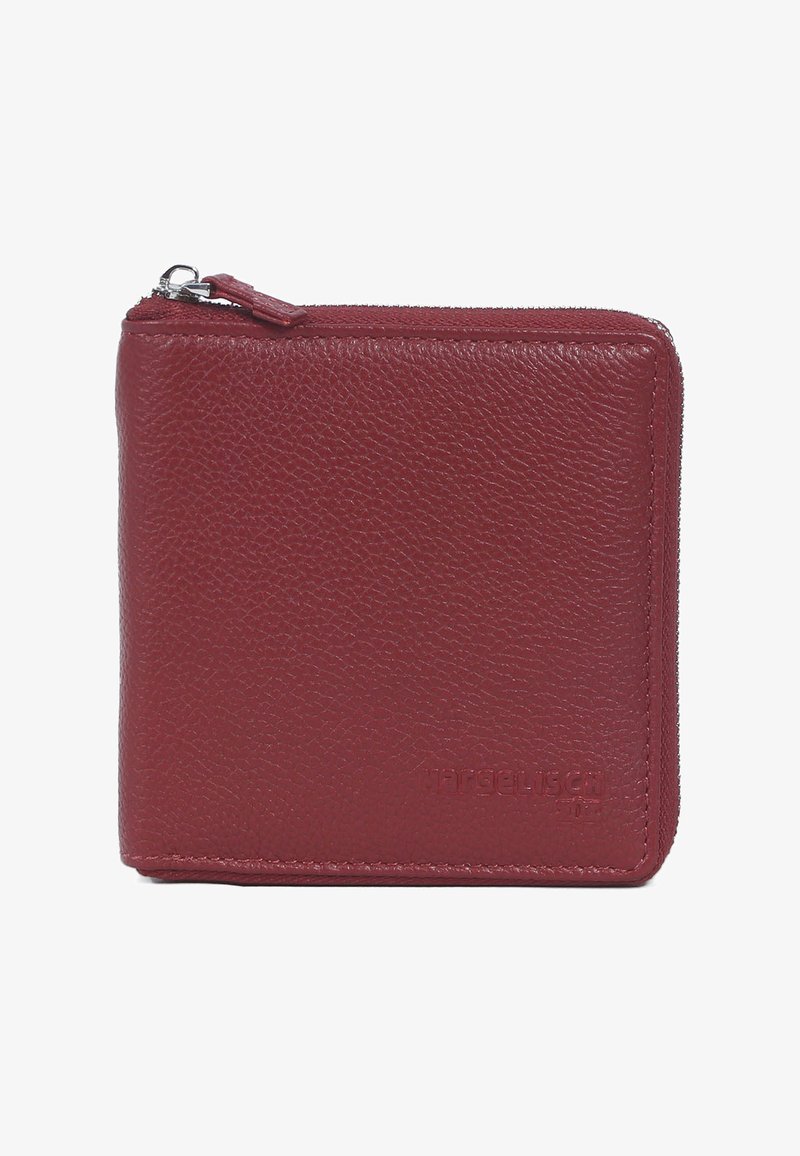 Burgundy läderplånbok med en texturerad yta, rektangulär form, dragkedjestängning på toppen och präglad logotyp på framsidan.