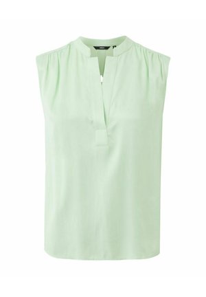 Blouse sans manches vert clair avec un design froncé à l'épaule et un col mandarin fendu.
