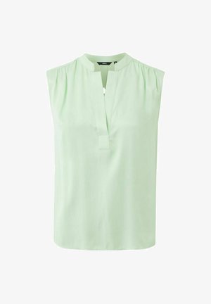 Hellgrüne ärmellose Bluse mit gerafftem Schulterdesign und geteiltem Mandarin-Kragen.
