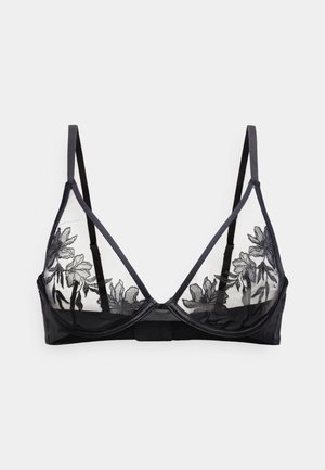 Soutien-gorge triangle noir avec bonnets en maille transparente ornés de broderies florales, bretelles ajustables, bande lisse et fermeture à agrafes au dos.