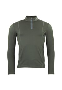 Donkergroene langemouwen pullover met een kwart rits en hoge kraag. Bevat contrasterende stiksels en een aansluitend ontwerp voor comfort.