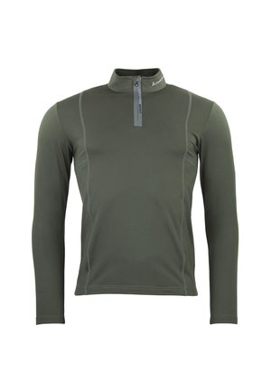 Pullover lungo verde scuro con maniche lunghe e zip a quarti, colletto alto. Presenta cuciture a contrasto e un design aderente per il massimo comfort.