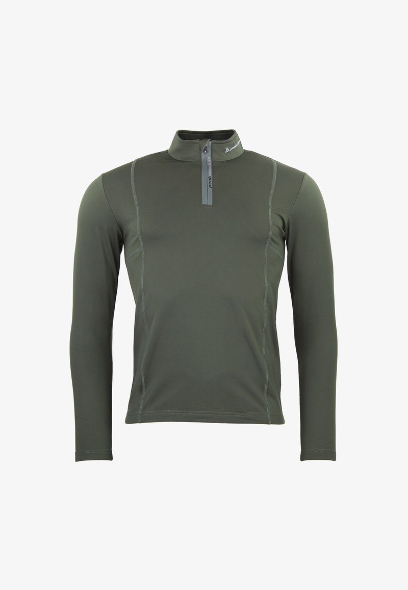 Dunkelgrüner Pullover mit langen Ärmeln, einem Viertelreißverschluss und hohem Kragen. Mit kontrastierenden Nähten und einer taillierten Passform für Komfort.