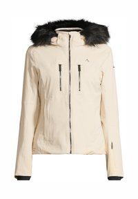 Beige Winterjacke mit Kapuze mit Kunstfellbesatz, zwei Brusttaschen, einem durchgehenden Reißverschluss und elastischen Bündchen für besseren Sitz und Wärme.