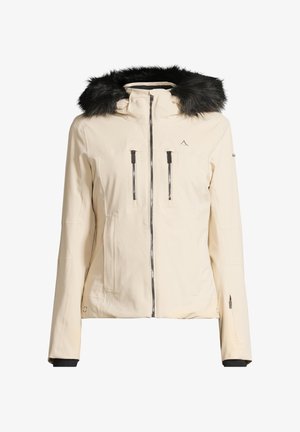 Beige Winterjacke mit Kapuze mit Kunstfellbesatz, zwei Brusttaschen, einem durchgehenden Reißverschluss und elastischen Bündchen für besseren Sitz und Wärme.