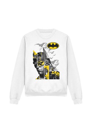 White sweatshirt featuring a collage of Batman faces, bats, and comic-style panels in black, gray, and yellow with the Batman logo above.