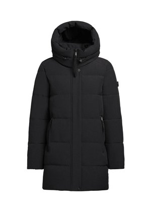 Svart pufferjakke med høy krage og avtagbar hette. Har horisontalt quiltet mønster, glidelås-lommer på sidene og trykknapp-lukking.