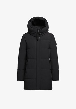 Svart pufferjakke med høy krage og avtagbar hette. Har horisontalt quiltet mønster, glidelås-lommer på sidene og trykknapp-lukking.