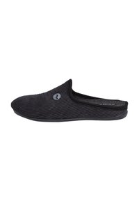 Black slip-on slipper with ribbed fabric texture and a rounded toe. Features a small logo on the side and a flexible rubber sole.