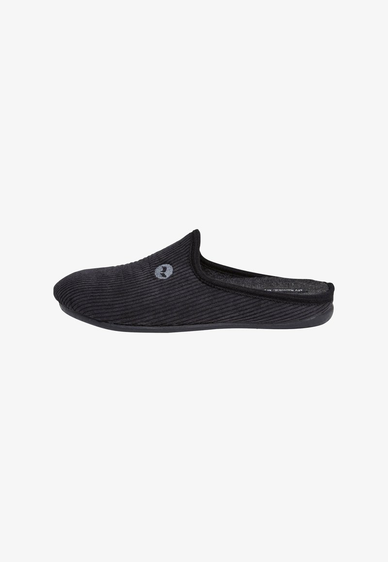 Black slip-on slipper with ribbed fabric texture and a rounded toe. Features a small logo on the side and a flexible rubber sole.